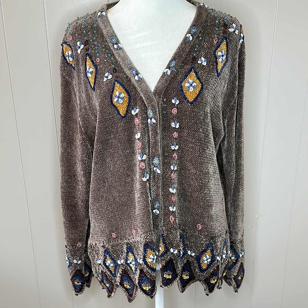 Storybook Knits Vintage Chenille Embroidered Cardigan Sweater